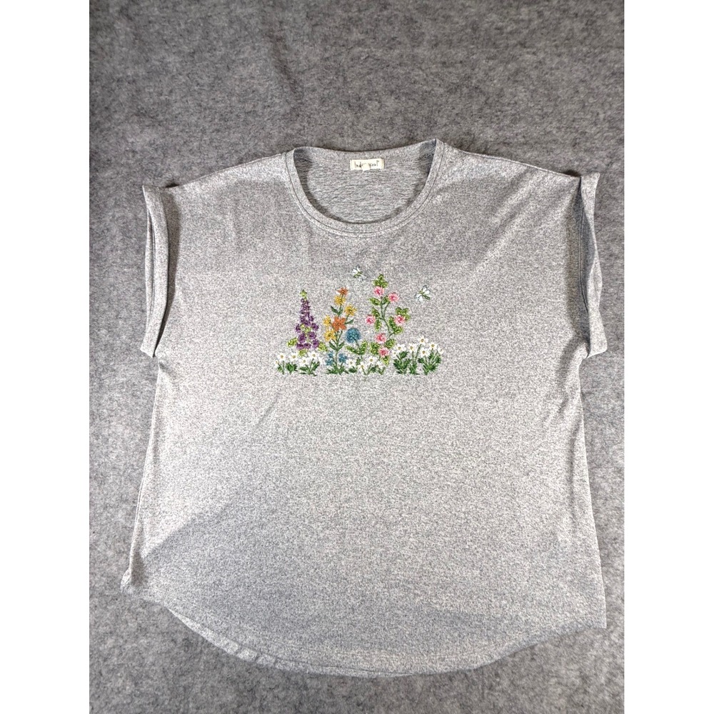 Indigo Soul Womens XL Heather Grey Floral Embroidered Beaded T-Shirt Relaxed Fit